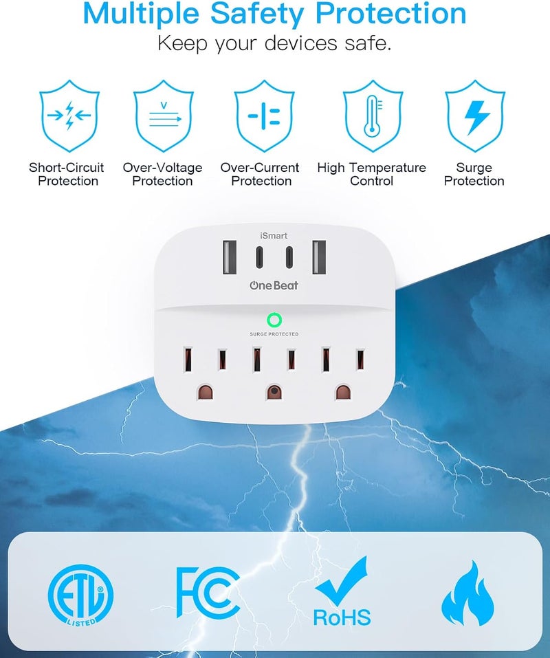 One Beat 2 Pack Multi Plug Outlet Splitter with USB,Surge Protector Outlet Extender with 3 Wall Outlets 4 USB Wall Charger(2 USB C),490 J, ETL Listed,Small Outlet Adapter Plug Extender for Travel,WH - Image 4